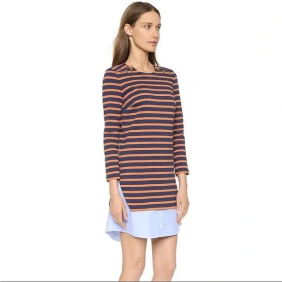 Veronica Beard Navy and Orange Striped Charter Combo Shirt Dress Size S